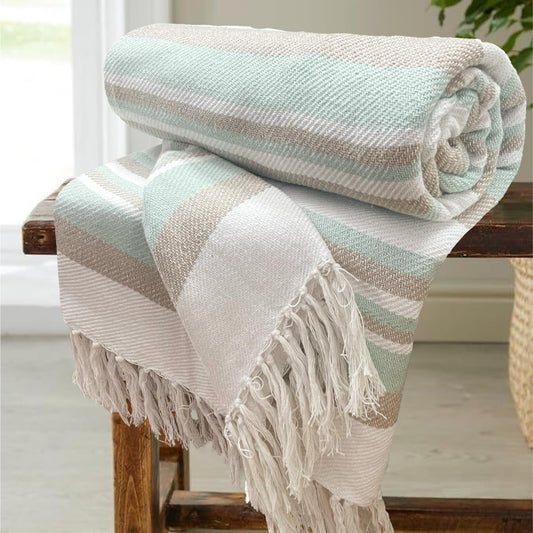 Pure Cotton Cream & Blue Sofa Throw