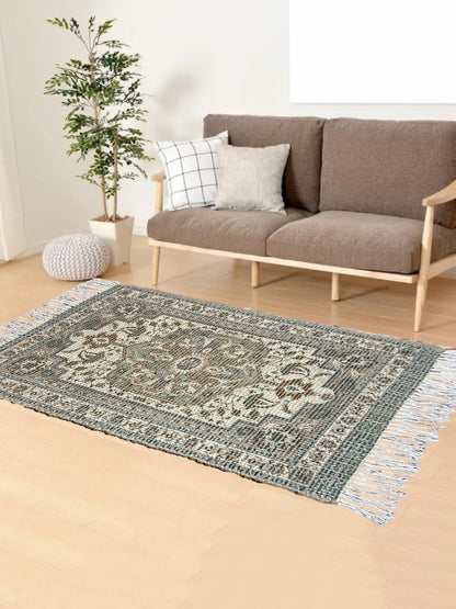 Aegean Green Braided Cotton & Jute Printed Carpet