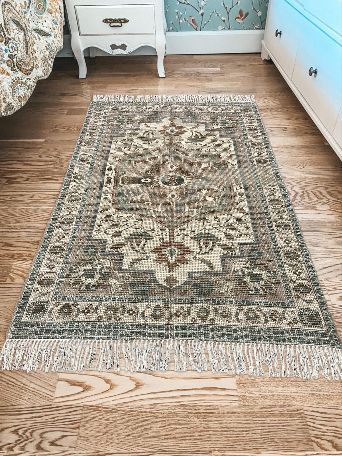 Aegean Green Braided Cotton & Jute Printed Carpet