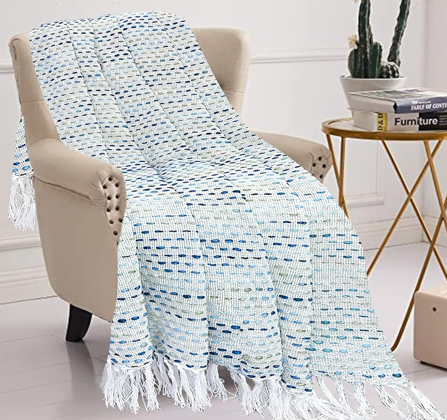 Pure Cotton Blue Multi Sofa Throw