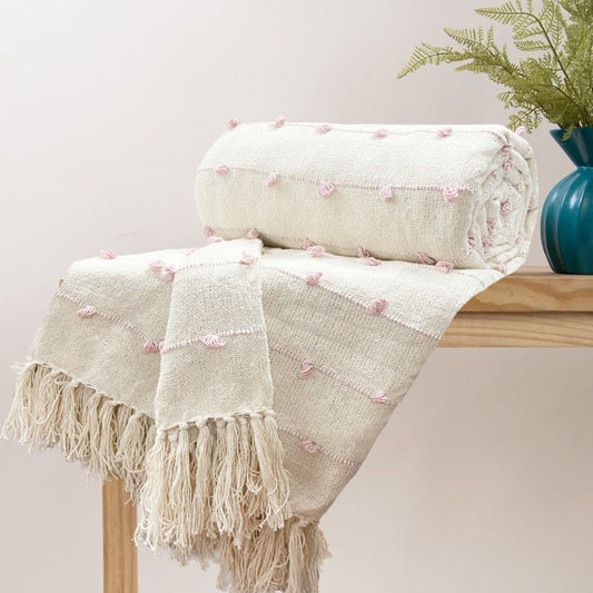 Pure Cotton Beige & Pink Sofa Throw