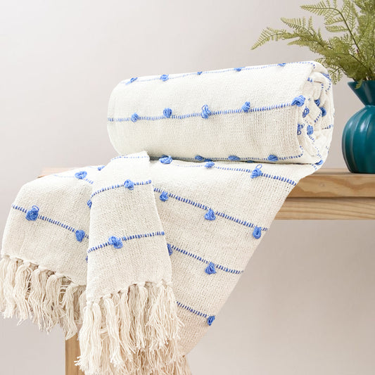 Pure Cotton Beige & Blue Sofa Throw